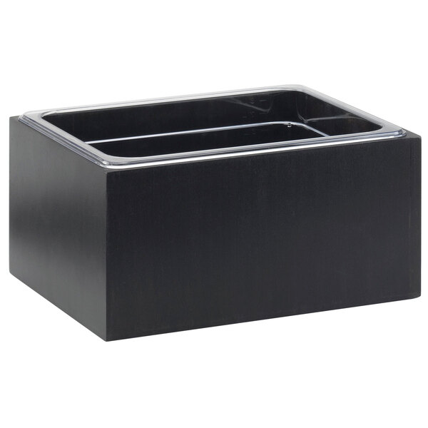 A black rectangular bamboo ice housing with clear pan inside.