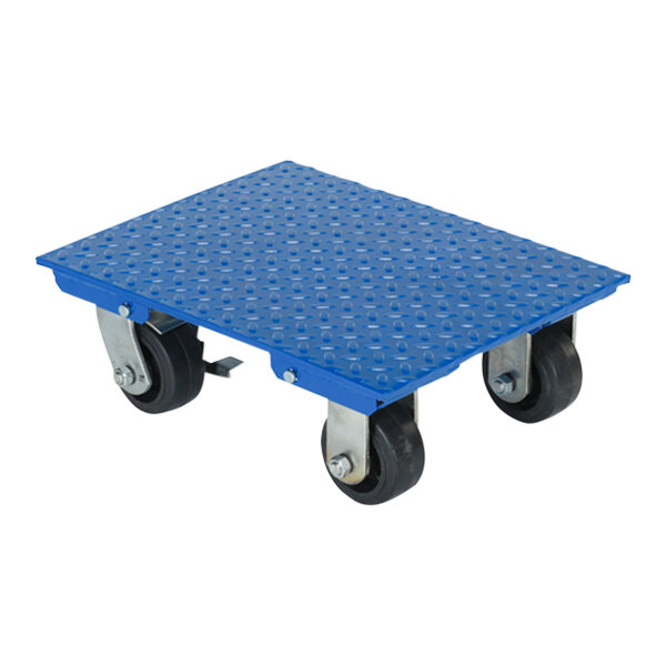 A blue steel plate dolly with black wheels.