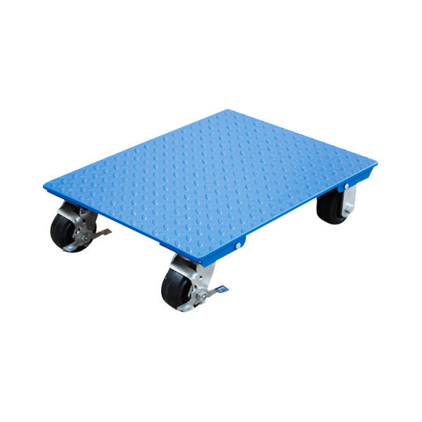 A blue metal platform with black wheels.