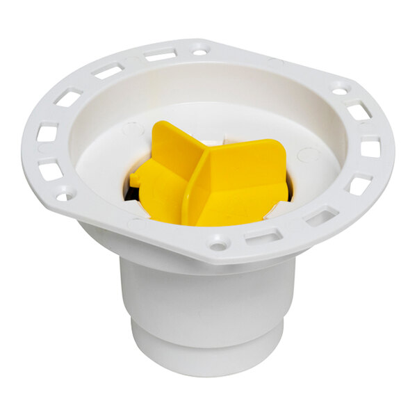 A white plastic Oatey freestanding tub drain with a yellow center cover.