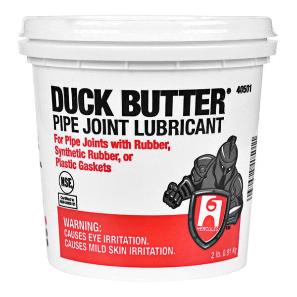 A white tub of Hercules Duck Butter pipe joint lubricant with red and black text.