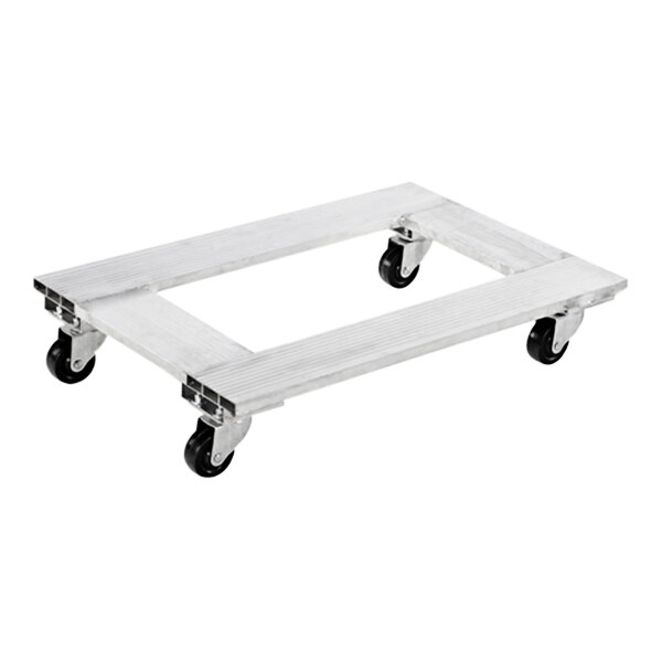 An aluminum dolly with black wheels.