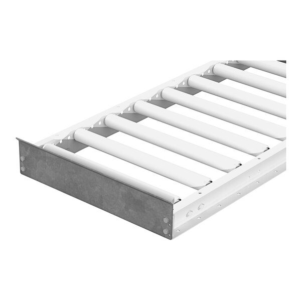 A white metal terminating end stop for a gravity conveyor with metal bars.