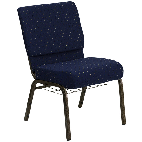 A navy blue church chair with a gold metal frame.