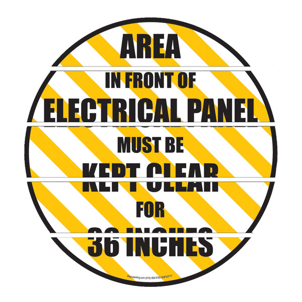 A yellow and black Superior Mark safety floor sign that says "Area In Front of Electrical Panel Must Be Kept Clear For 36 Inches"