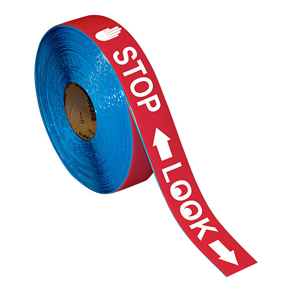 A roll of red and white safety tape with the words "Stop Look" in white.