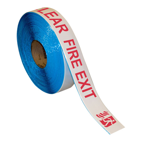 A roll of red and white Superior Mark safety tape with the words "Fire Exit" on it.