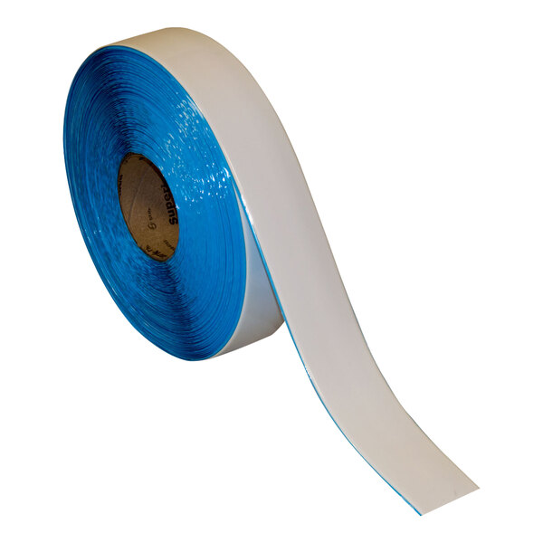 A roll of white and blue Superior Mark safety tape with white edges.