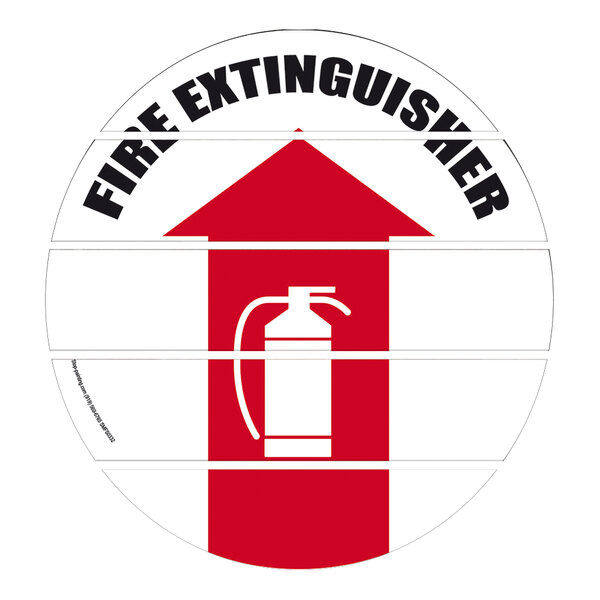 A circular red and white sign with a fire extinguisher and arrow pointing up.