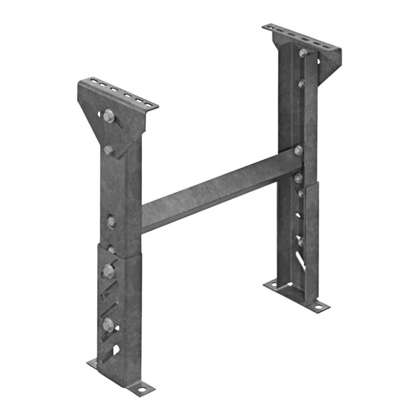 An Omni Metalcraft metal conveyor support with adjustable metal legs and a metal bar.