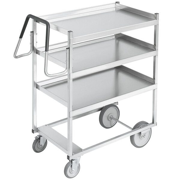 A silver Vollrath utility cart with three shelves and wheels.