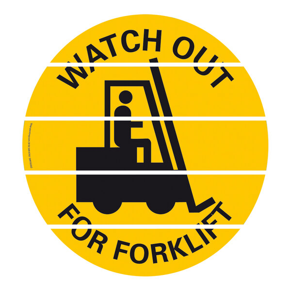 A yellow Superior Mark floor sign with black text that says "Watch Out For Forklift" and a forklift symbol.