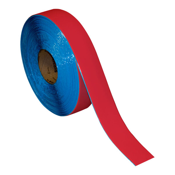 A roll of red and blue Superior Mark safety tape.