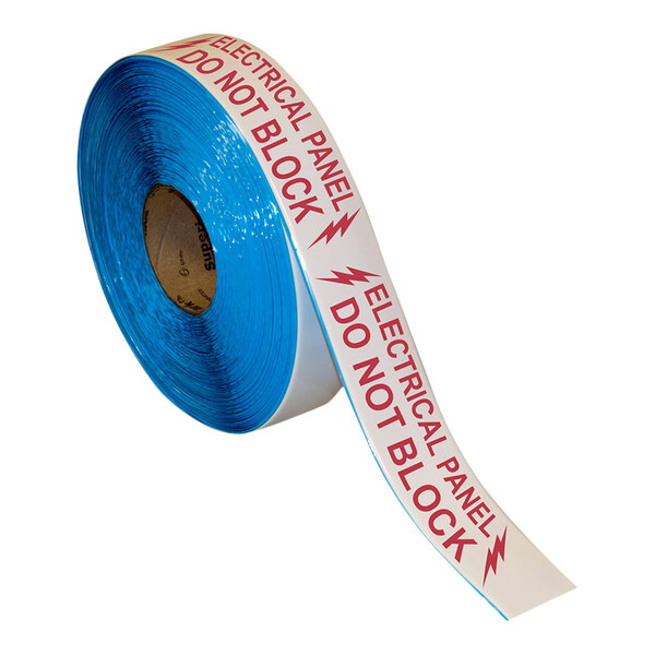A roll of white tape with red text reading "Electrical Panel Do Not Block"