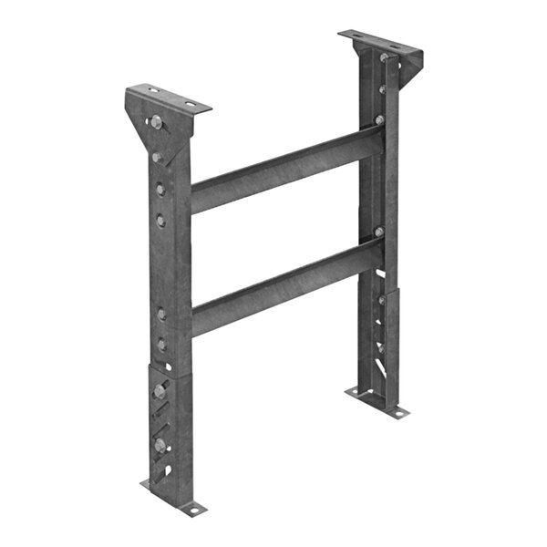 An Omni Metalcraft H-style conveyor support with adjustable height and two holes in the metal frame.