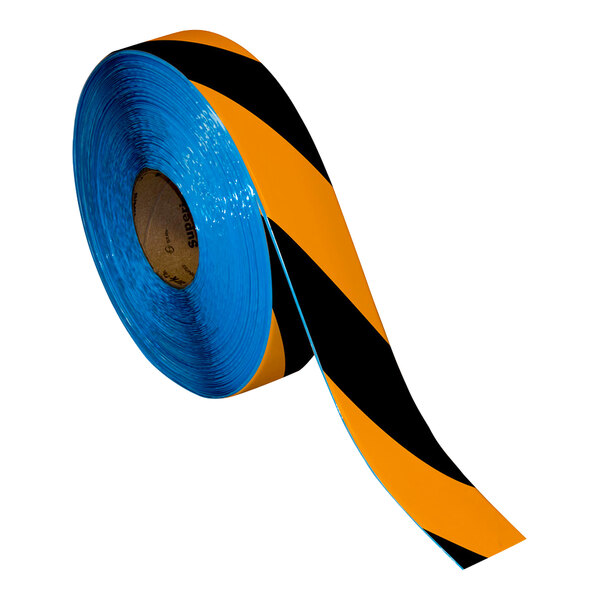 A roll of blue and black striped Superior Mark safety tape.