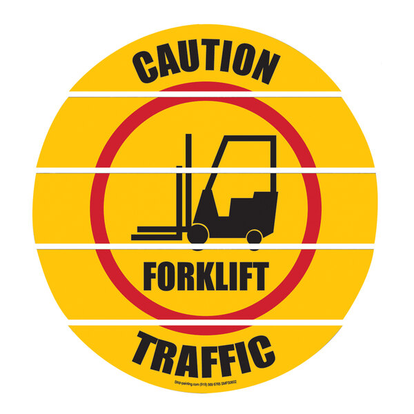 A yellow Superior Mark safety floor sign with black text and a forklift icon reading "Caution Forklift Traffic"