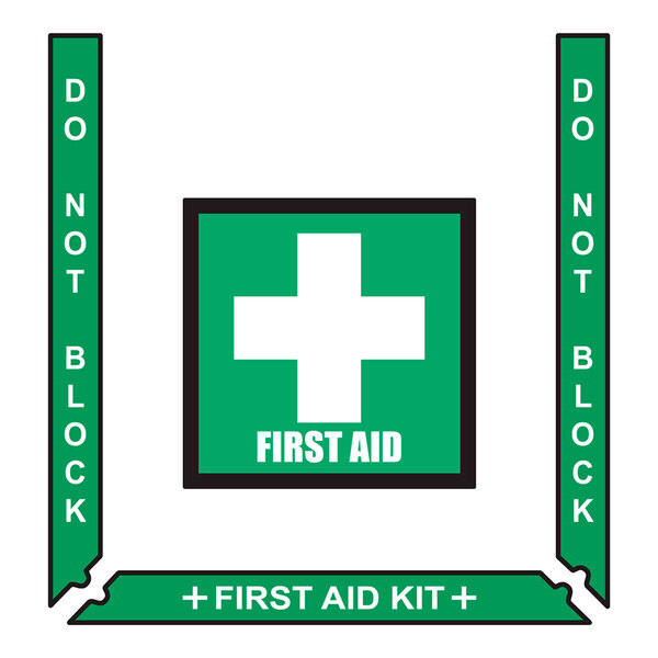 A green rectangular sign with white text that says "First Aid" and has a white cross.
