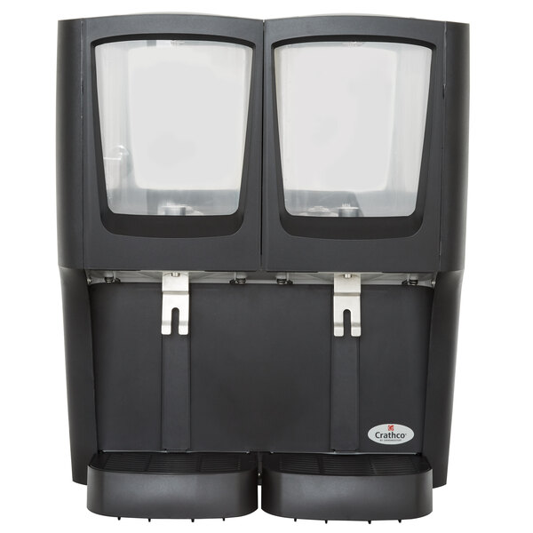 A black Crathco beverage dispenser with two clear windows.