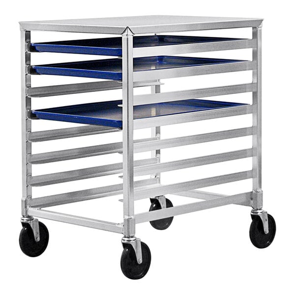 A New Age metal cart with blue shelves holding metal trays.