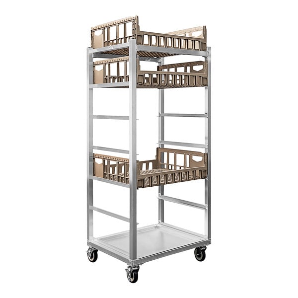 A New Age aluminum mobile produce rack with seven shelves.