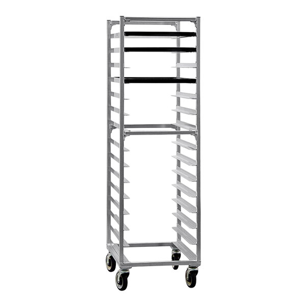 A New Age metal sheet pan rack with four shelves.