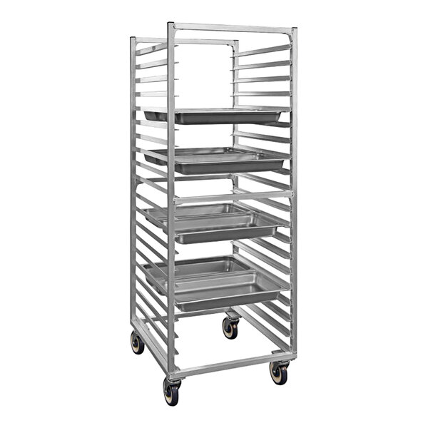A New Age metal tray rack with trays.