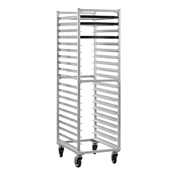 A New Age heavy-duty aluminum sheet pan rack with four shelves and black handles on wheels.