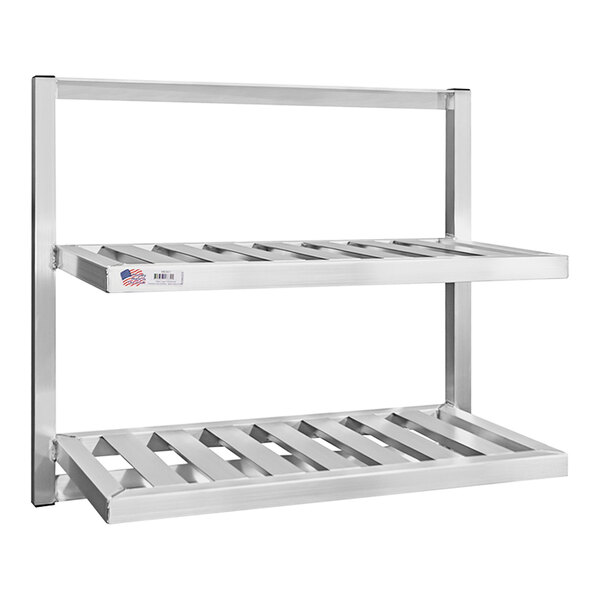 A New Age aluminum wall shelf with two shelves.