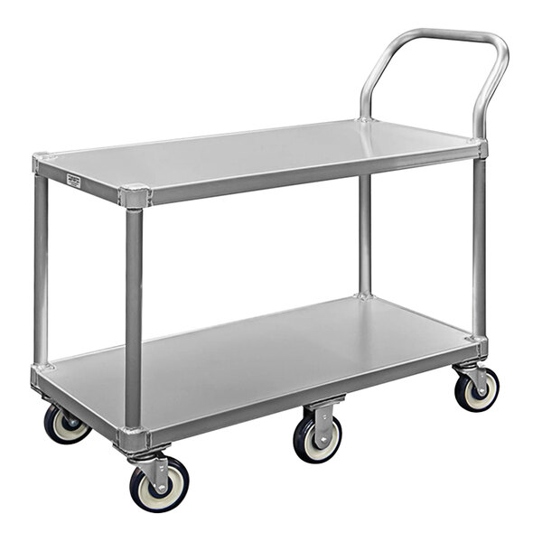 A silver metal New Age utility cart with wheels and a handle.