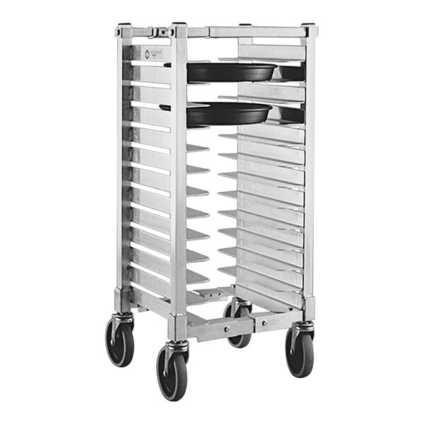 A New Age aluminum mobile pizza pan rack with 13 slots on wheels.