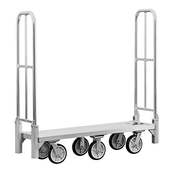 A silver metal folding platform truck with wheels.