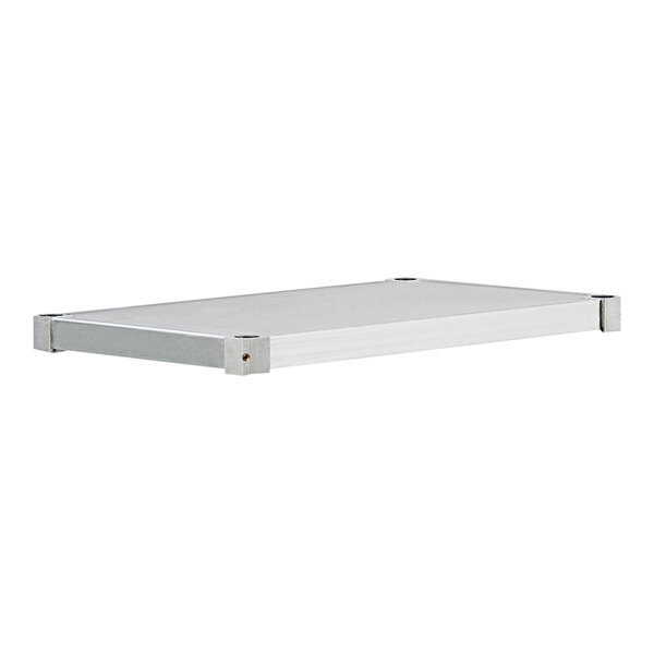 A white rectangular New Age shelf with metal corners.