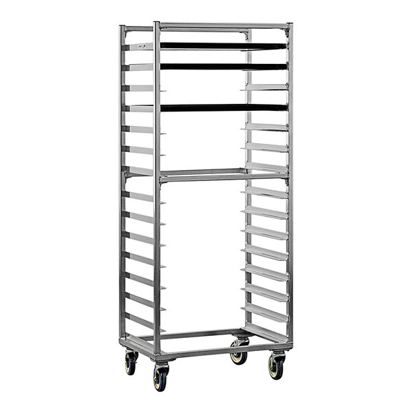 A New Age metal sheet pan rack with wheels.