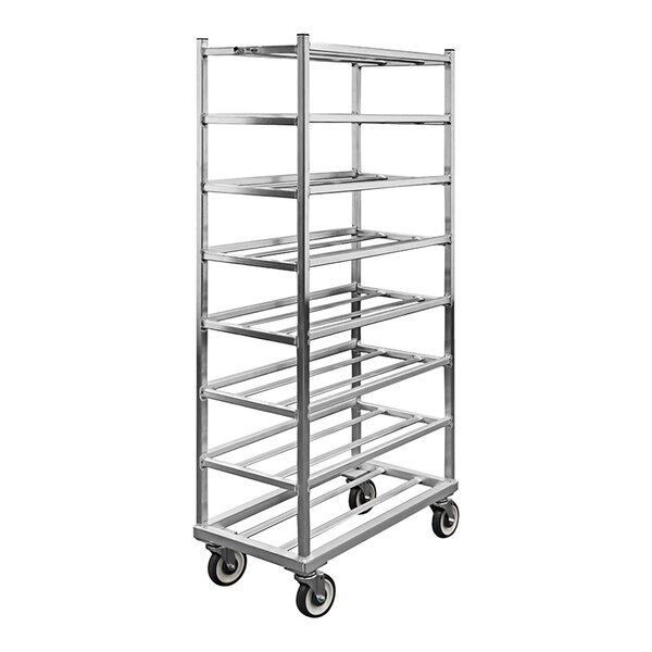 A New Age aluminum rack with eight shelves and wheels.