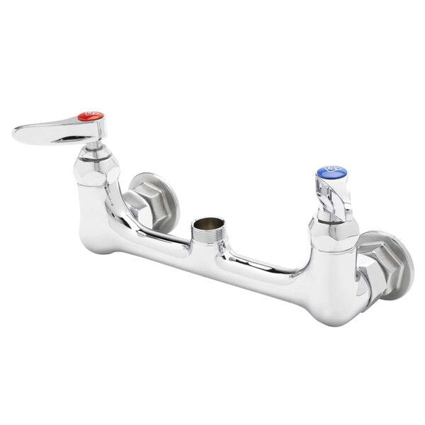 A chrome T&S wall mounted double pantry base faucet with two silver handles, one red and one blue.
