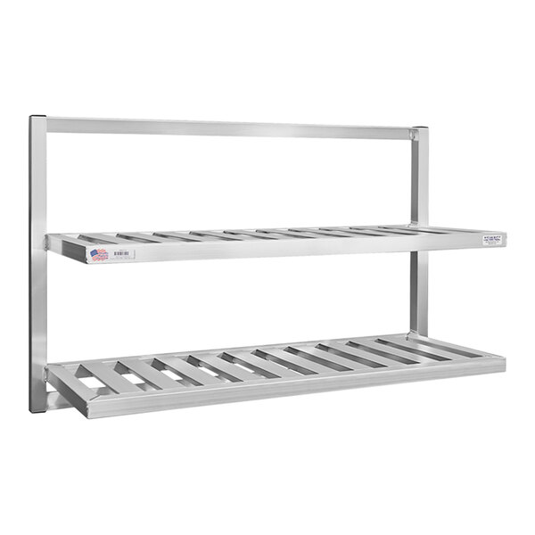 A silver aluminum New Age wall shelf with two shelves on it.