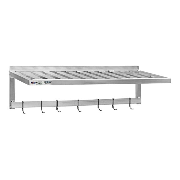 A metal New Age aluminum T-bar wall shelf with pot rack hooks.