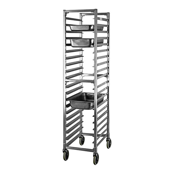 A New Age aluminum steam table pan rack with trays on it.