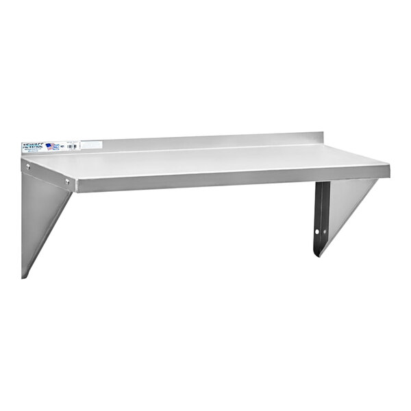 An aluminum New Age solid wall shelf with a white label.