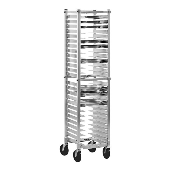 A New Age aluminum pizza pan rack with trays on it.