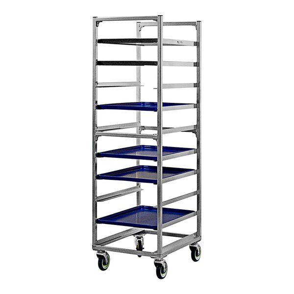 A New Age metal sheet pan rack with blue trays on wheels.