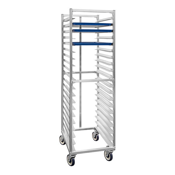 A New Age metal sheet pan rack with blue pan stops on wheels.