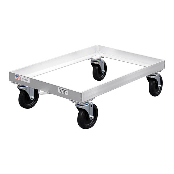 A silver aluminum New Age bun pan dolly with a metal frame and black wheels.