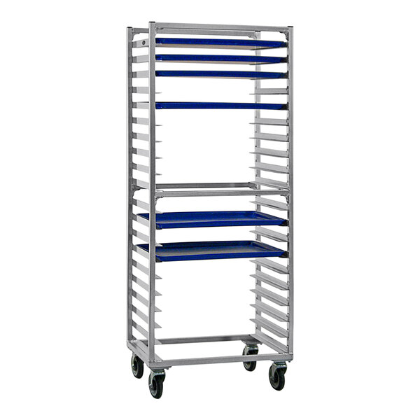 A New Age heavy-duty aluminum sheet pan rack holding blue sheet pans.
