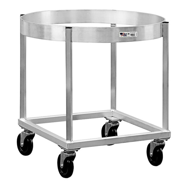 A silver aluminum New Age mixing bowl dolly with black wheels.