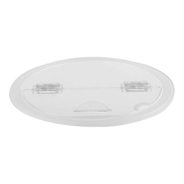 A clear plastic lid with two clear plastic clips for a Dalebrook barrel display bowl.