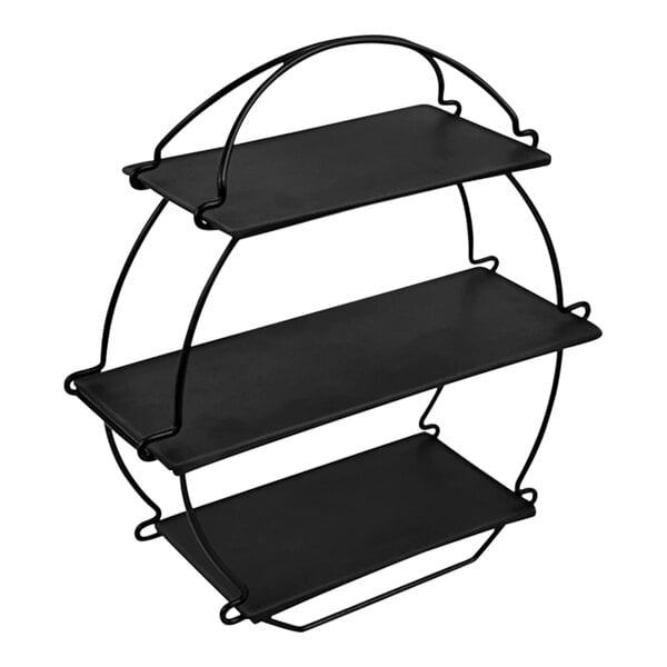 A black metal rectangular tea rack with three shelves.