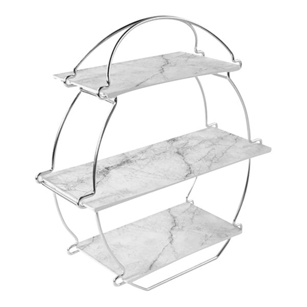 A white marble and metal rectangular tea rack with three tiers.