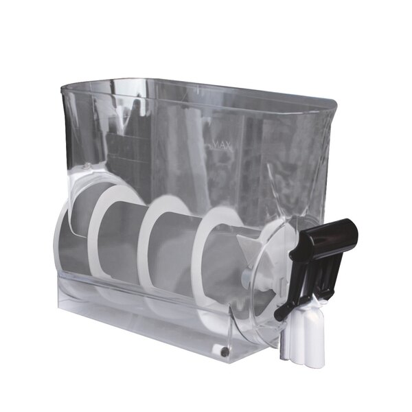 A clear plastic Bunn hopper kit with two handles and white circles.